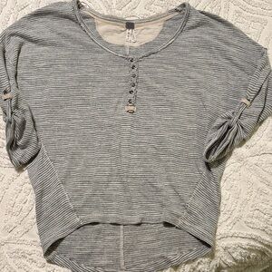 We The Free Gray Striped Henley Sleeve-Tab Top